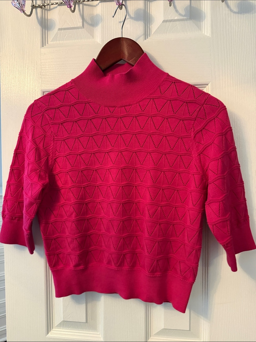 Women's Hot Pink Mock Neck Short Sleeve Sweater